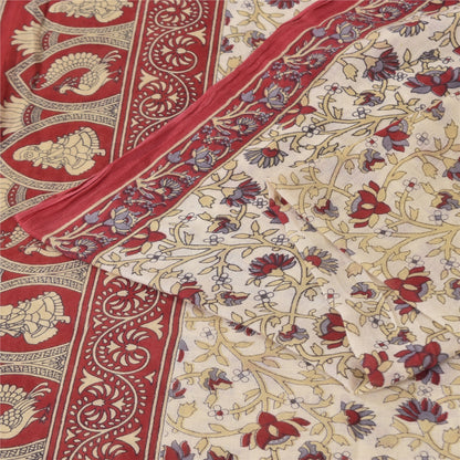 Sanskriti Vintage Sarees Ivory Kalamkari PrintPure Cotton Sari 5+yd Craft Sustainable Fabric
