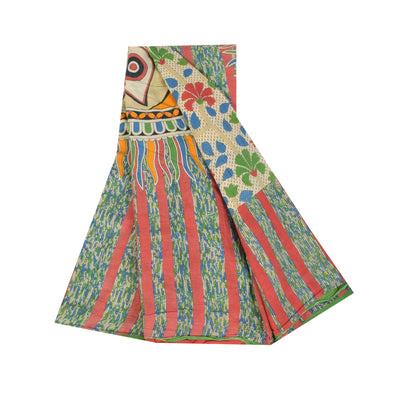 Санскритские винтажные сари индийское сари цвета слоновой кости из чистого хлопка с принтом 5+ ярдов ремесленная устойчивая ткань