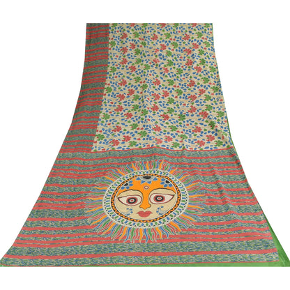 Санскритские винтажные сари индийское сари цвета слоновой кости из чистого хлопка с принтом 5+ ярдов ремесленная устойчивая ткань