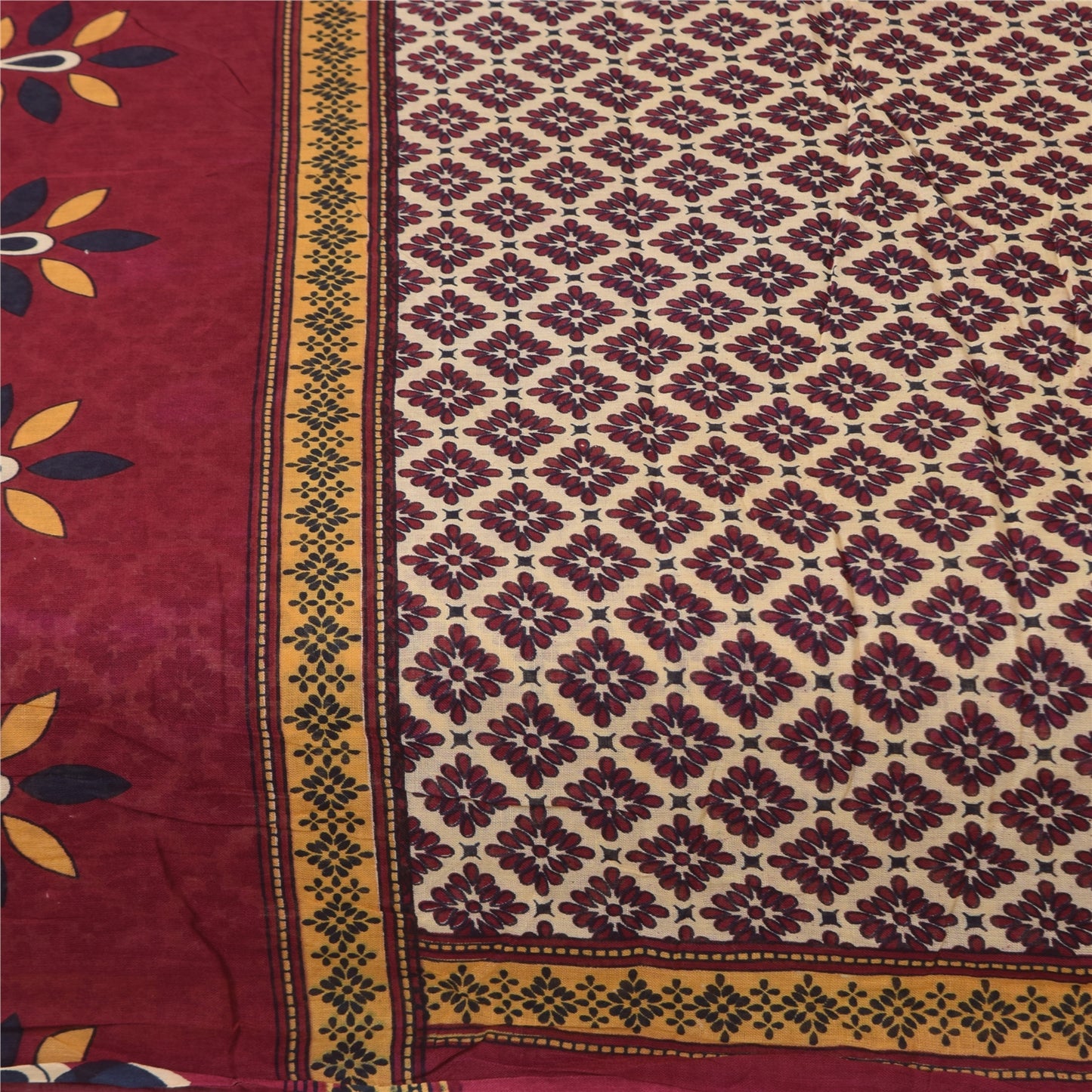 Санскритские винтажные сари индийское сари цвета слоновой кости из чистого хлопка с принтом 5+ ярдов ремесленная устойчивая ткань