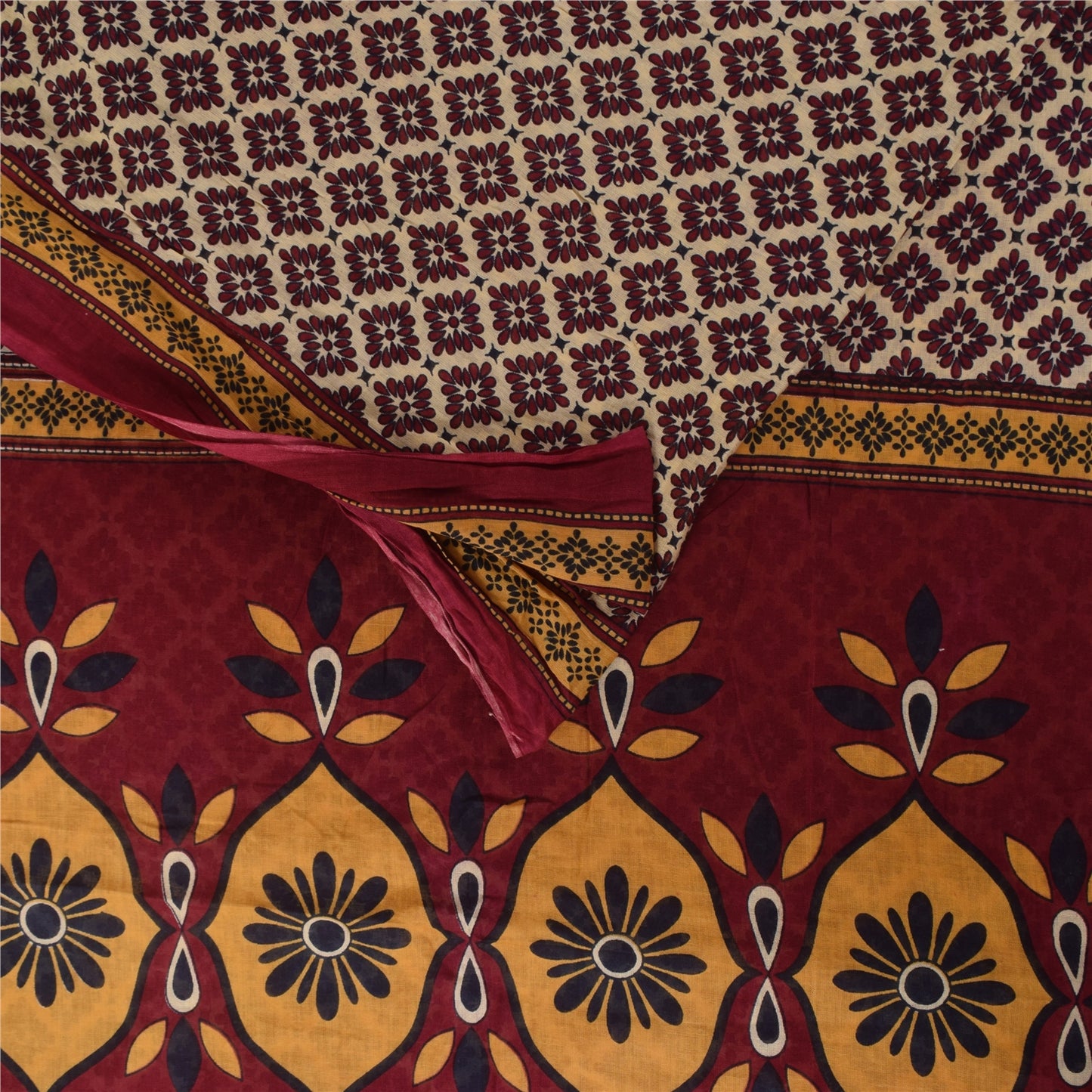 Санскритские винтажные сари индийское сари цвета слоновой кости из чистого хлопка с принтом 5+ ярдов ремесленная устойчивая ткань