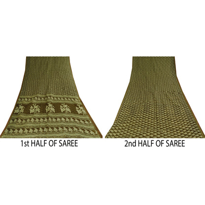 Sanskriti Vintage Sarier Indisk Grøn Ren Bomuld Trykt Sari 5+ yard Håndværk Bæredygtigt Stoff