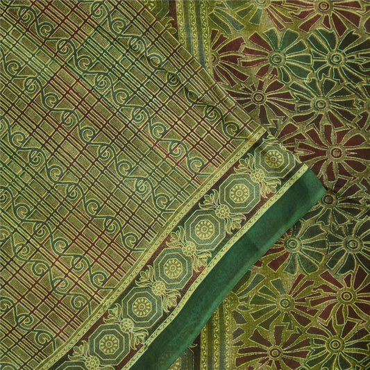 Sanskriti Vintage Sarees Indian Green Pure Cotton Printed Sari 5+yd Craft Sustainable Fabric