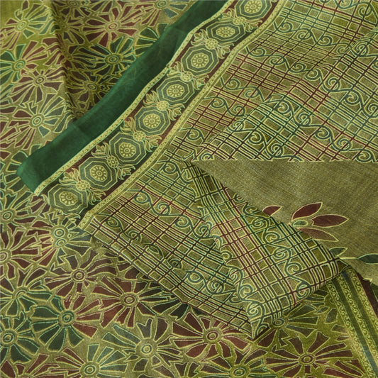 Sanskriti Vintage Sarees Indian Green Pure Cotton Printed Sari 5+yd Craft Sustainable Fabric