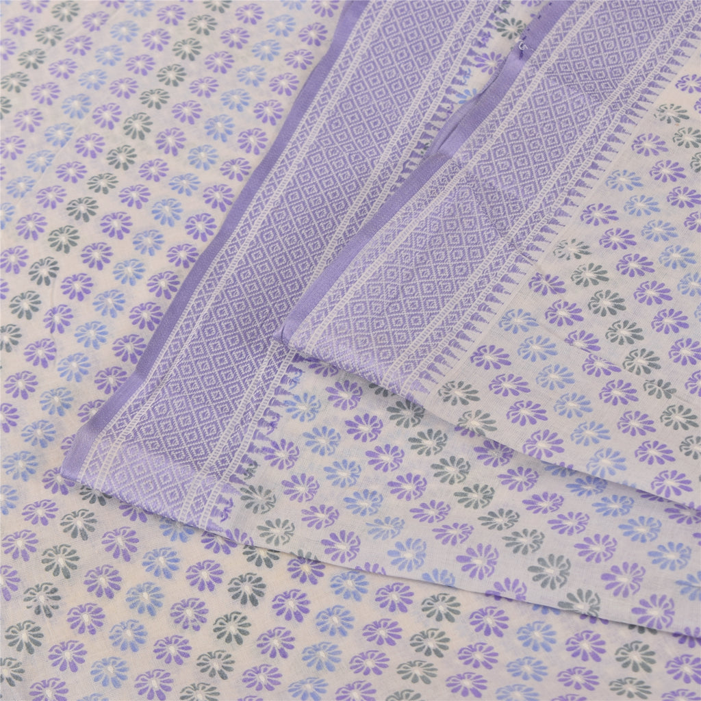 Sanskriti Vintage Sarees Indian White Pure Cotton Printed Sari 5+yd Craft Sustainable Fabric