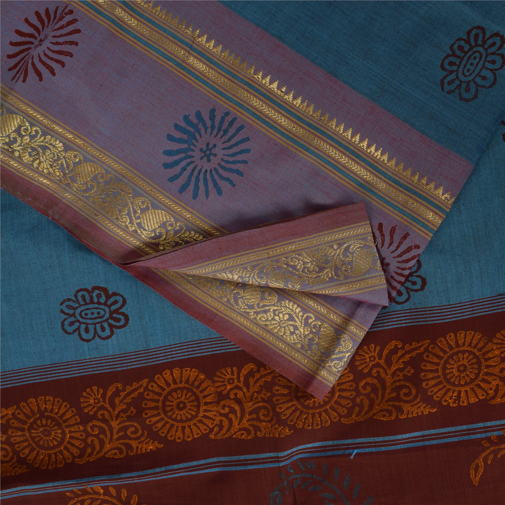 Sanskriti Vintage Sarees Blue Hand BlockPrint Pure Cotton Sari 5+yd Craft Sustainable Fabric