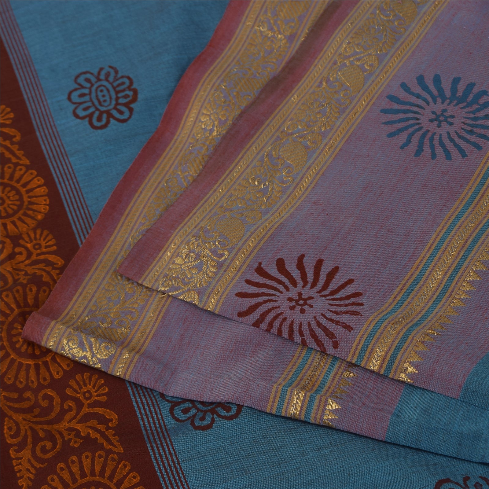 Sanskriti Vintage Sarees Blue Hand BlockPrint Pure Cotton Sari 5+yd Craft Sustainable Fabric