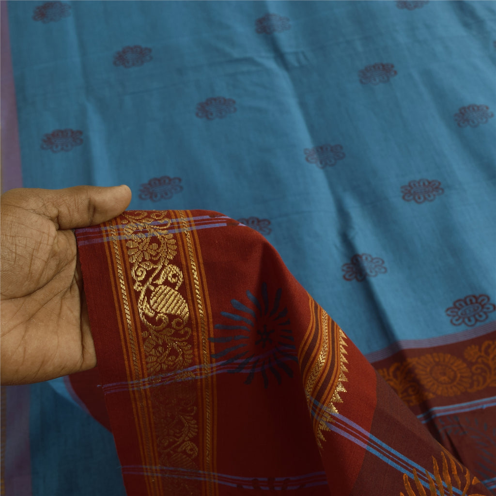 Sanskriti Vintage Sarees Blue Hand BlockPrint Pure Cotton Sari 5+yd Craft Sustainable Fabric