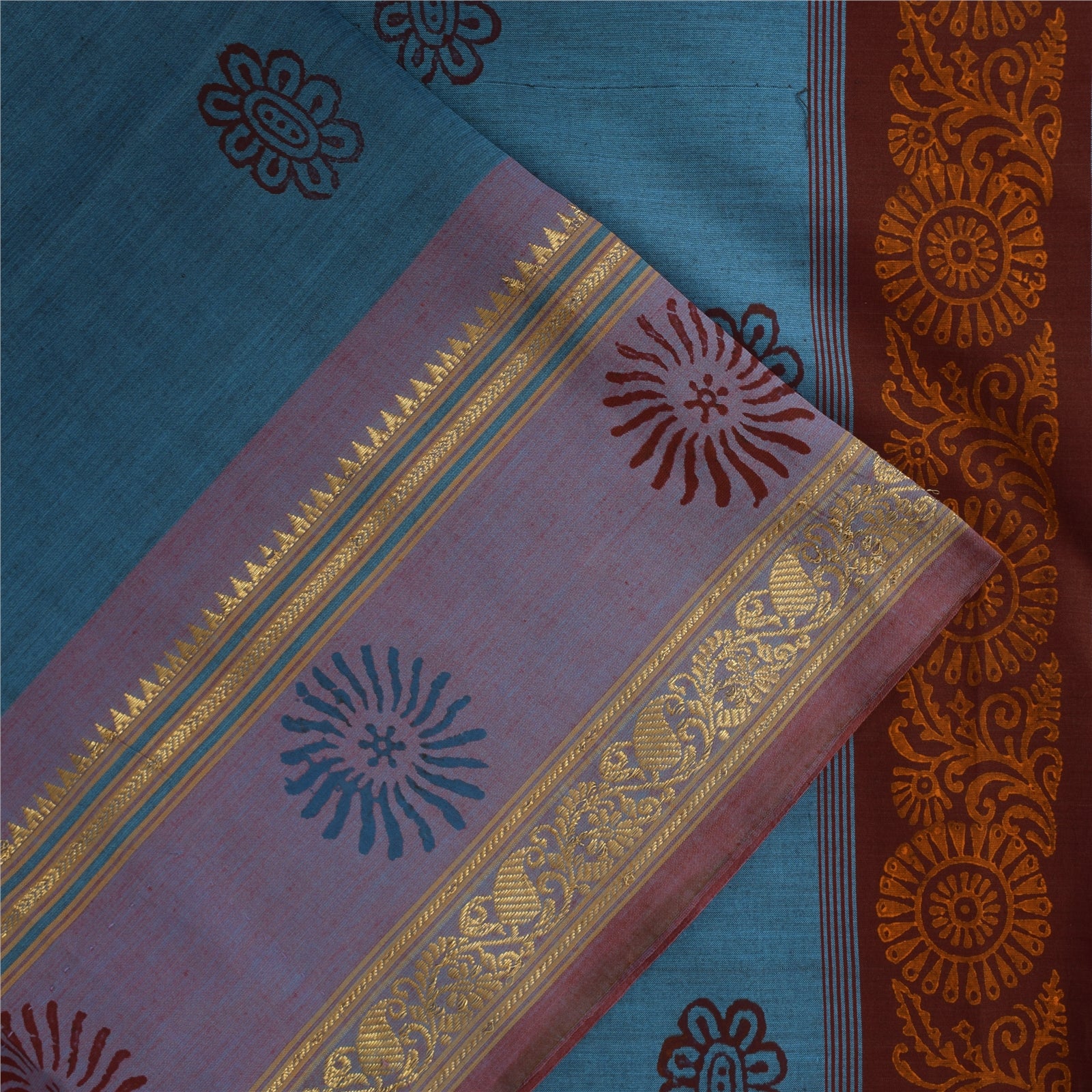 Sanskriti Vintage Sarees Blue Hand BlockPrint Pure Cotton Sari 5+yd Craft Sustainable Fabric