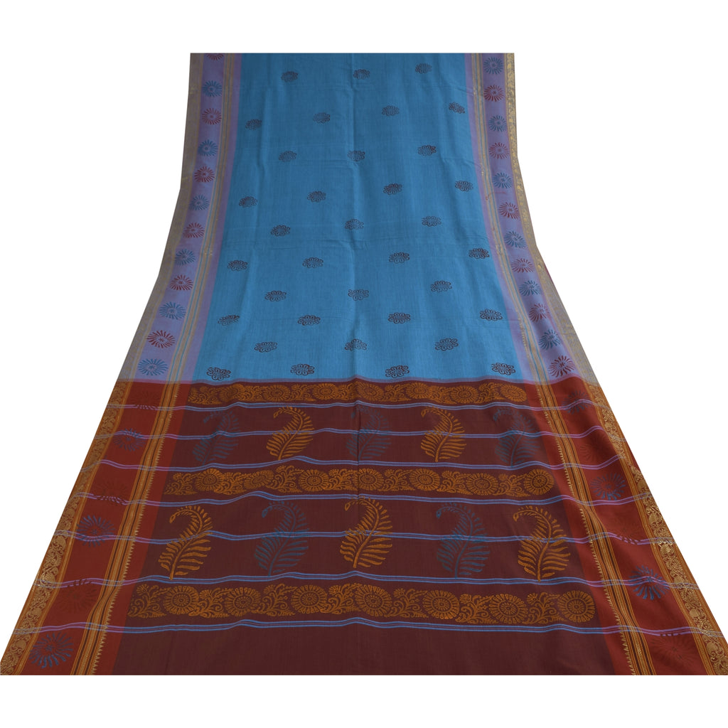 Sanskriti Vintage Sarees Blue Hand BlockPrint Pure Cotton Sari 5+yd Craft Sustainable Fabric