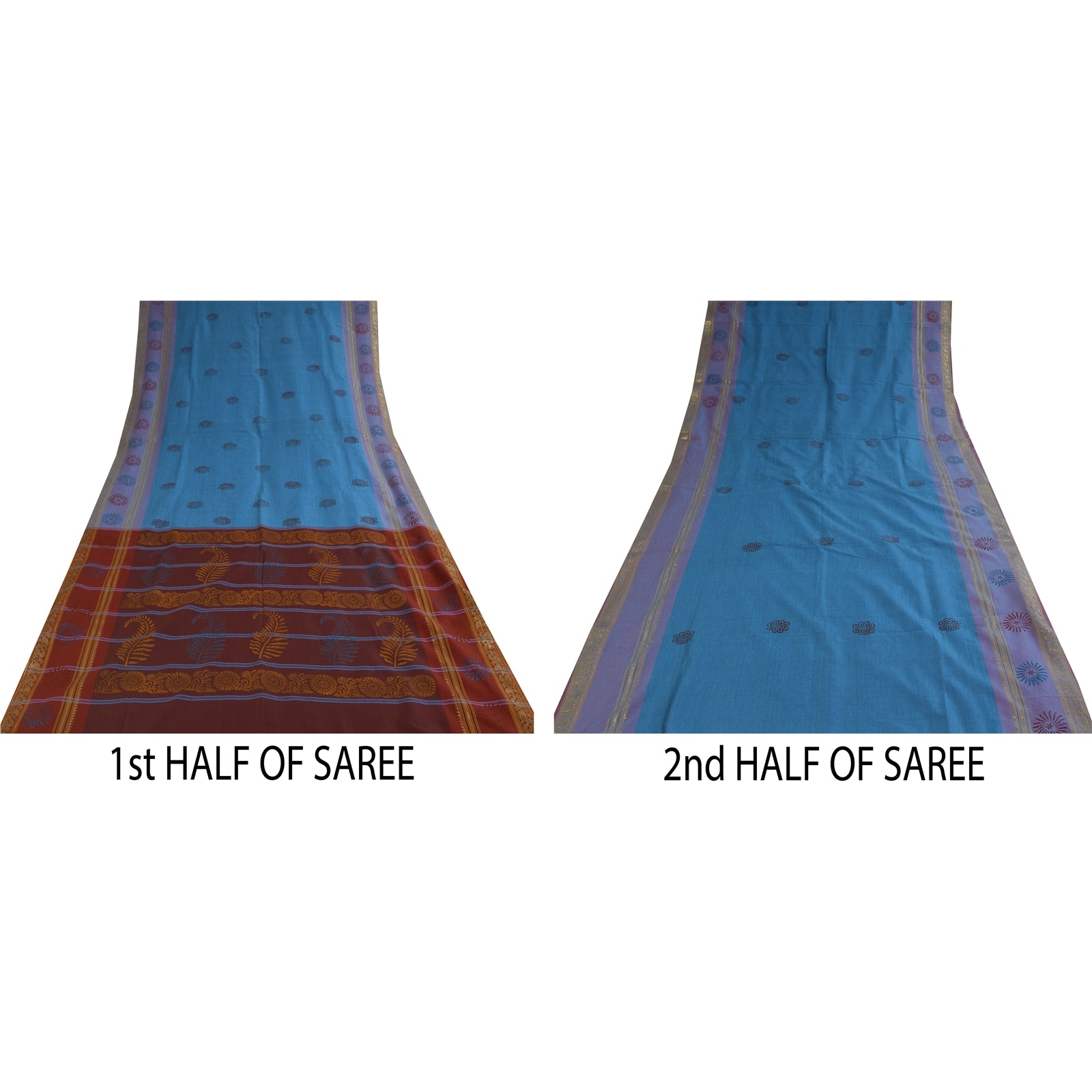 Sanskriti Vintage Sarees Blue Hand BlockPrint Pure Cotton Sari 5+yd Craft Sustainable Fabric