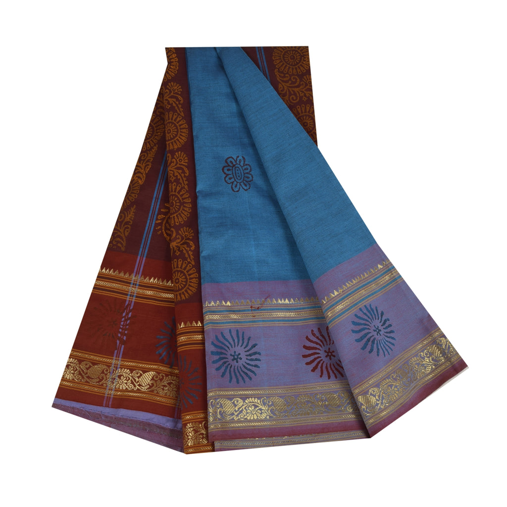 Sanskriti Vintage Sarees Blue Hand BlockPrint Pure Cotton Sari 5+yd Craft Sustainable Fabric