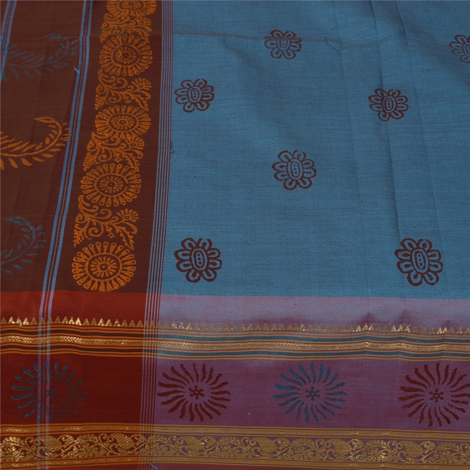 Sanskriti Vintage Sarees Blue Hand BlockPrint Pure Cotton Sari 5+yd Craft Sustainable Fabric