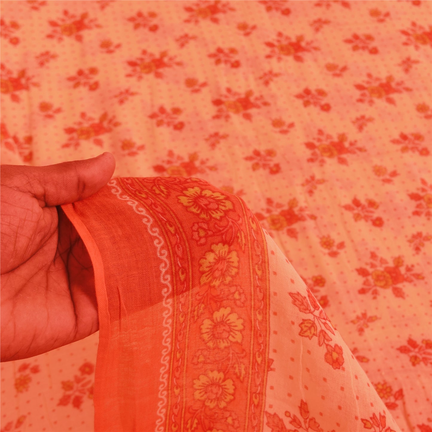 Sanskriti Vintage Sarees Peach 100% Pure Cotton Printed Sari 5+yd Craft Sustainable Fabric