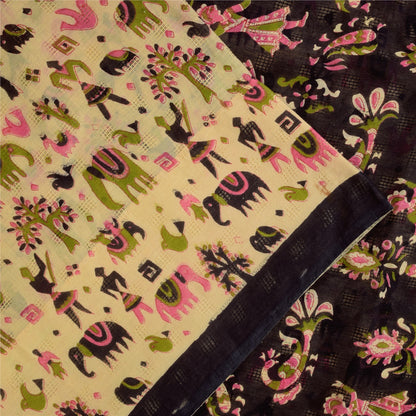 Sanskriti Vintage Sarees Ivory Pure Cotton Animal Human Printed Sari 5+yd Sustainable Fabric