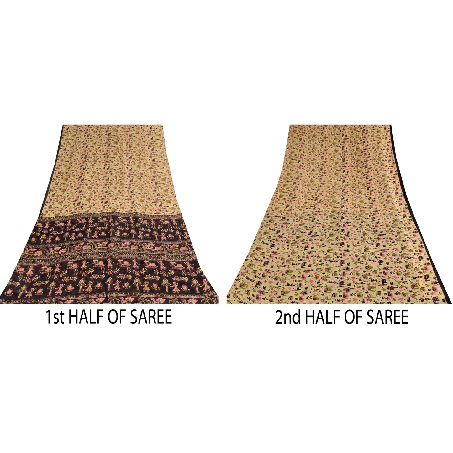 Sanskriti Vintage Sarees Ivory Pure Cotton Animal Human Printed Sari 5+yd Sustainable Fabric