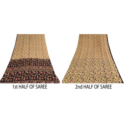 Sanskriti Vintage Sarees Ivory Pure Cotton Animal Human Printed Sari 5+yd Sustainable Fabric