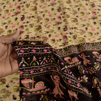 Sanskriti Vintage Sarees Ivory Pure Cotton Animal Human Printed Sari 5+yd Sustainable Fabric