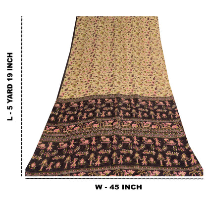 Sanskriti Vintage Sarees Ivory Pure Cotton Animal Human Printed Sari 5+yd Sustainable Fabric