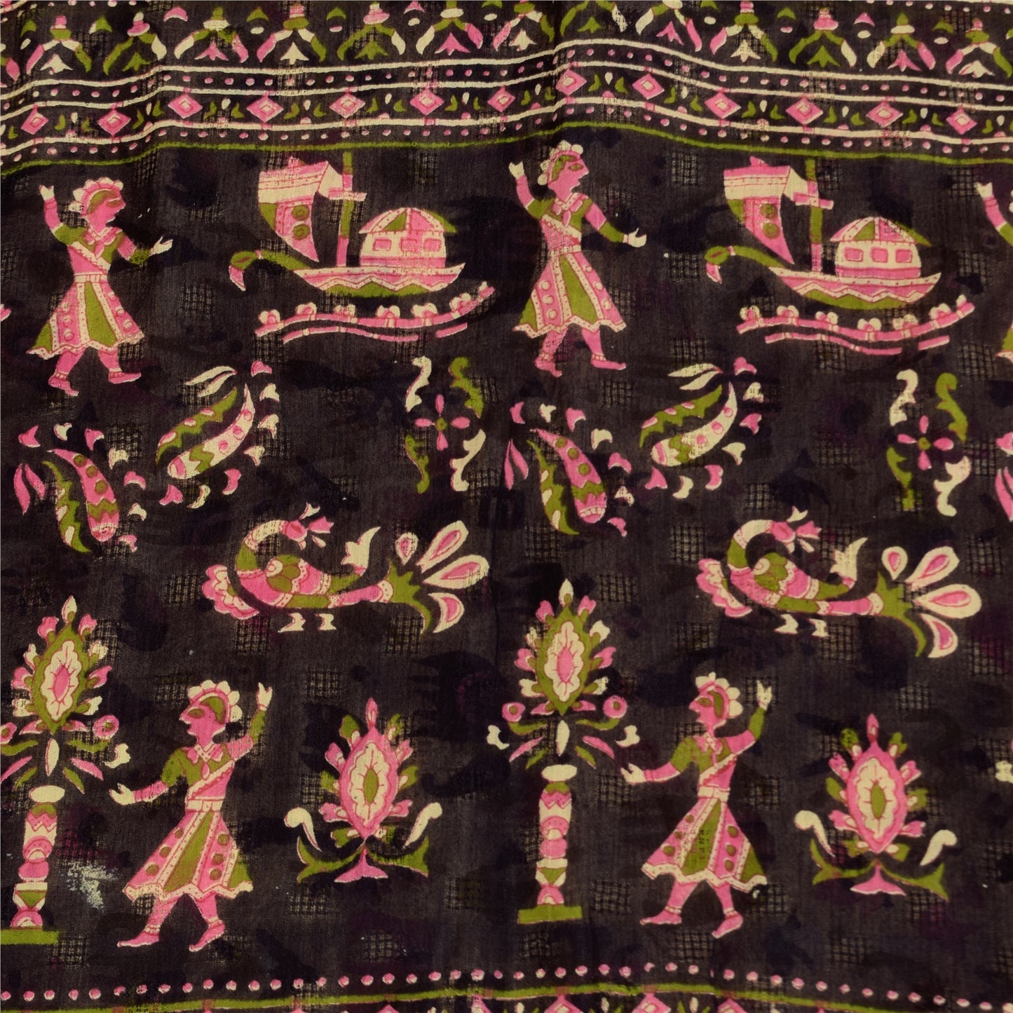 Sanskriti Vintage Sarees Ivory Pure Cotton Animal Human Printed Sari 5+yd Sustainable Fabric