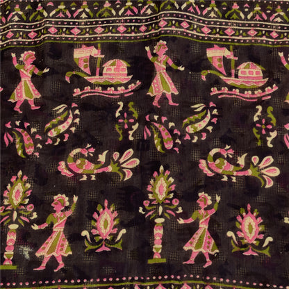 Sanskriti Vintage Sarees Ivory Pure Cotton Animal Human Printed Sari 5+yd Sustainable Fabric