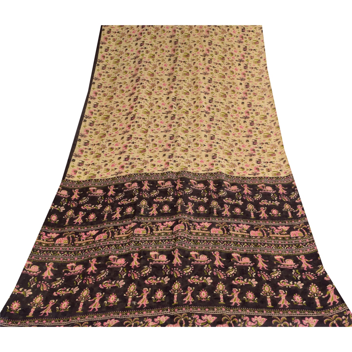 Sanskriti Vintage Sarees Ivory Pure Cotton Animal Human Printed Sari 5+yd Sustainable Fabric
