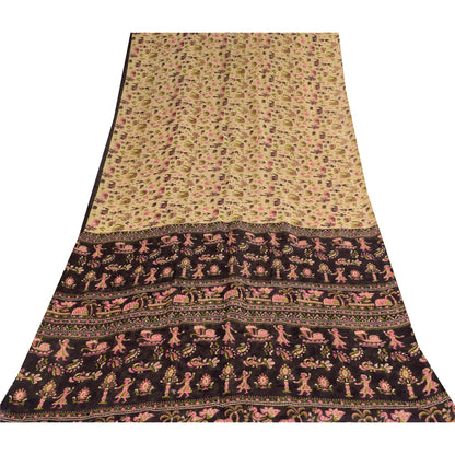Sanskriti Vintage Sarees Ivory Pure Cotton Animal Human Printed Sari 5+yd Sustainable Fabric