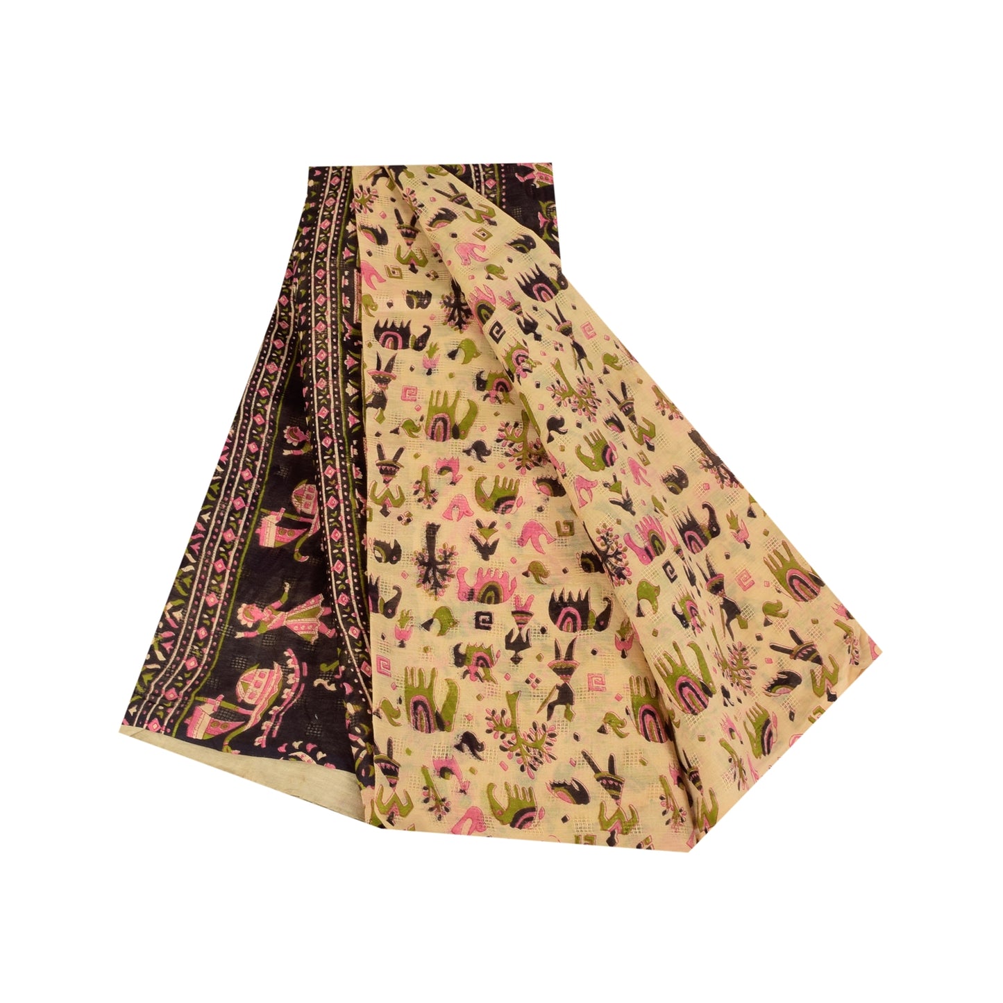 Sanskriti Vintage Sarees Ivory Pure Cotton Animal Human Printed Sari 5+yd Sustainable Fabric