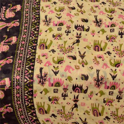 Sanskriti Vintage Sarees Ivory Pure Cotton Animal Human Printed Sari 5+yd Sustainable Fabric