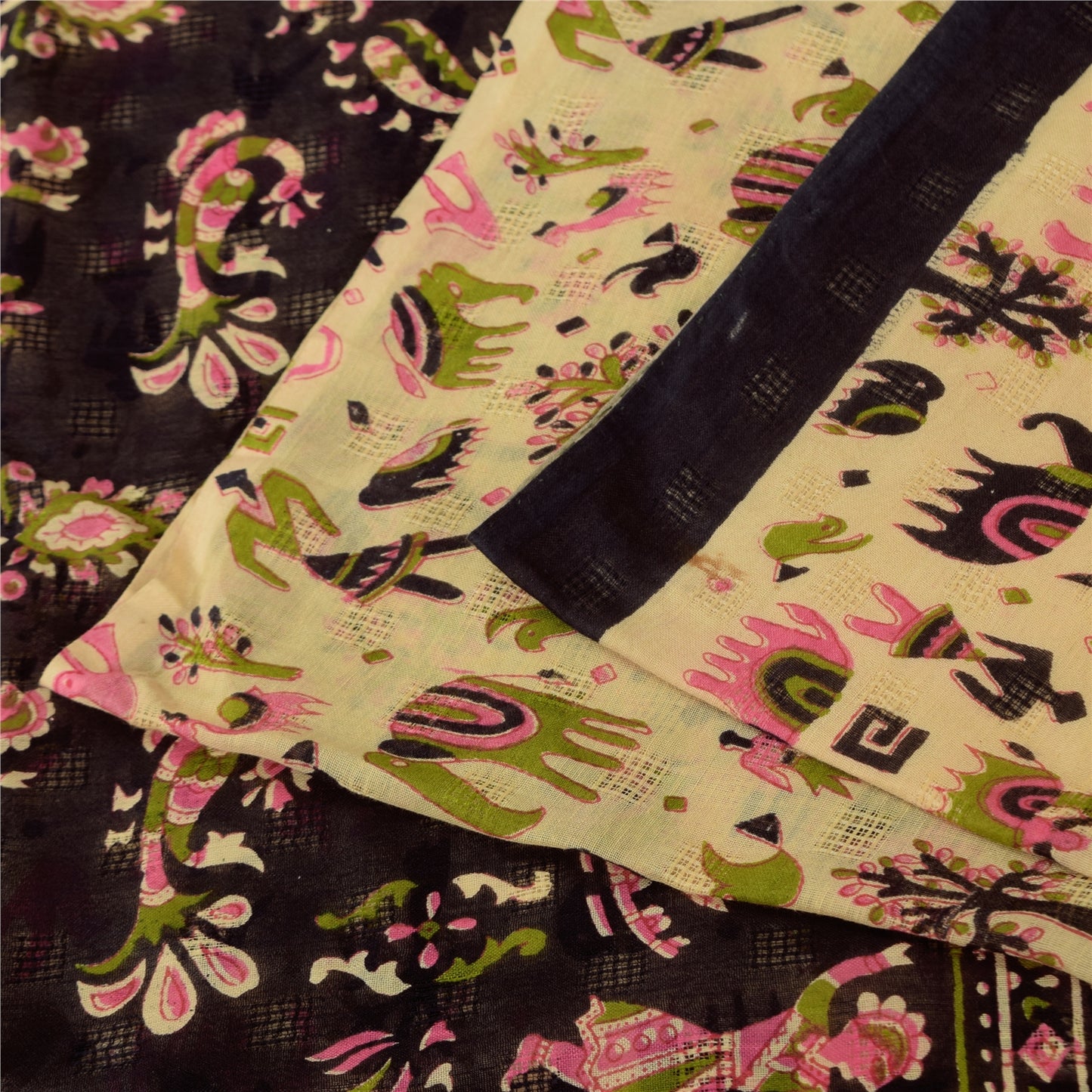 Sanskriti Vintage Sarees Ivory Pure Cotton Animal Human Printed Sari 5+yd Sustainable Fabric