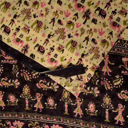 Sanskriti Vintage Sarees Ivory Pure Cotton Animal Human Printed Sari 5+yd Sustainable Fabric