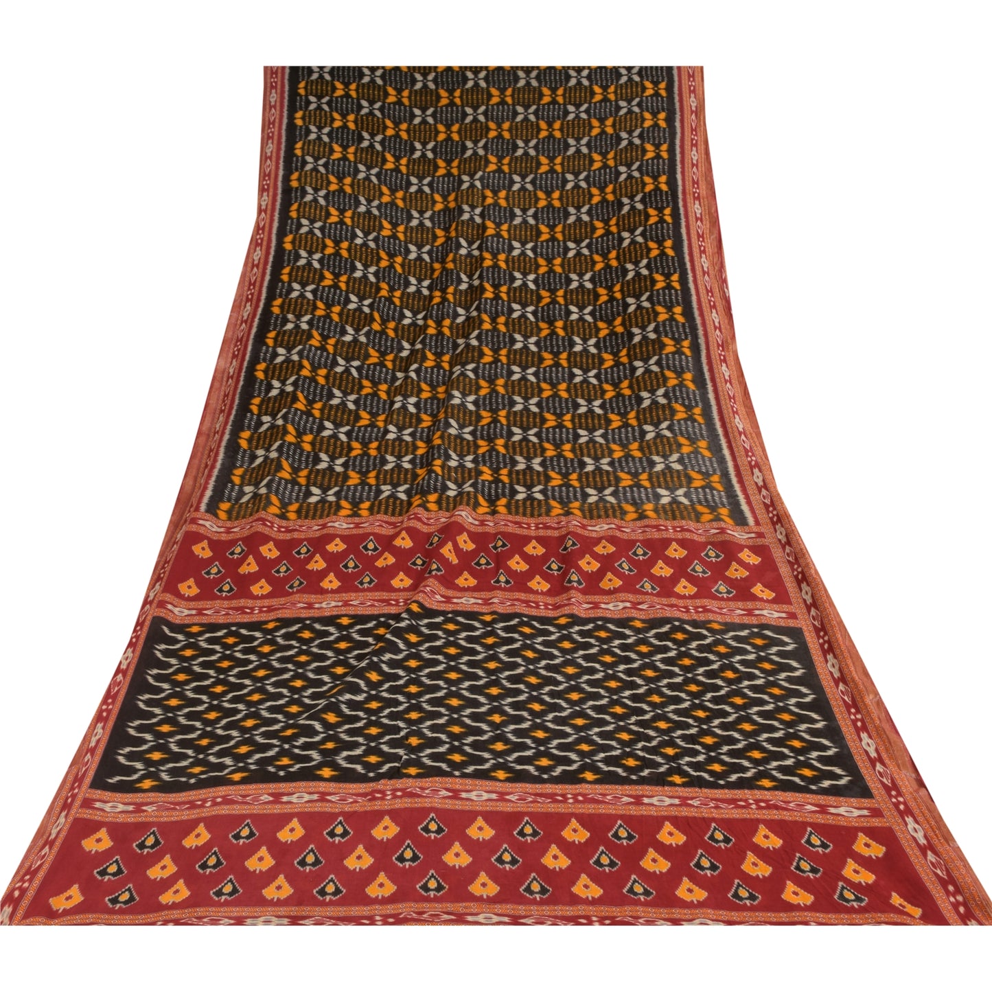 Sanskriti Vintage Sarees Black Pure Cotton Ikat HandWoven Sari 5+yd Craft Sustainable Fabric