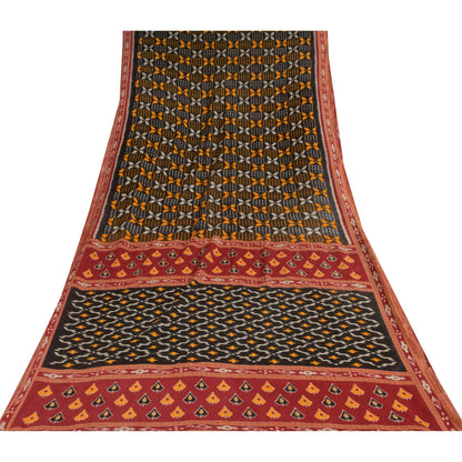 Sanskriti Vintage Sarees Black Pure Cotton Ikat HandWoven Sari 5+yd Craft Sustainable Fabric