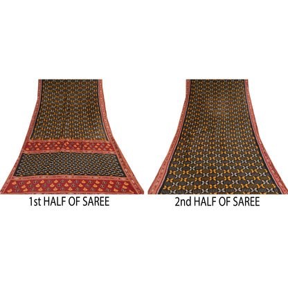 Sanskriti Vintage Sarees Black Pure Cotton Ikat HandWoven Sari 5+yd Craft Sustainable Fabric