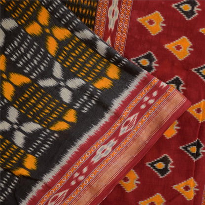 Sanskriti Vintage Sarees Black Pure Cotton Ikat HandWoven Sari 5+yd Craft Sustainable Fabric