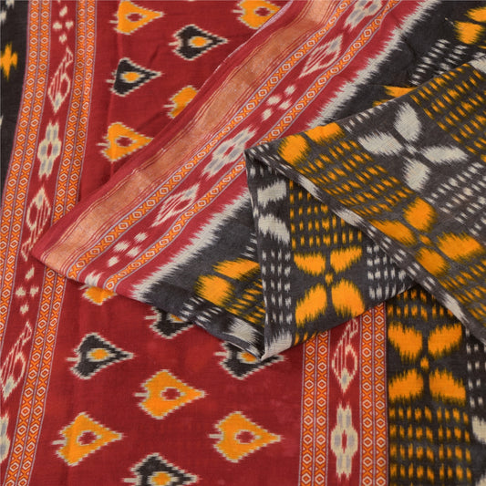 Sanskriti Vintage Sarees Black Pure Cotton Ikat HandWoven Sari 5+yd Craft Sustainable Fabric