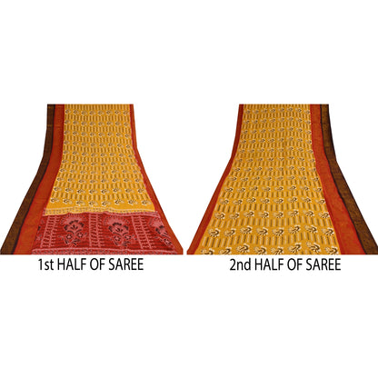 Санскритские винтажные сари желтое/красное чистое хлопковое набивное сари 5+ ярдов ткань для рукоделия из экологически чистой ткани