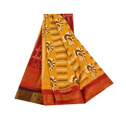 Санскритские винтажные сари желтое/красное чистое хлопковое набивное сари 5+ ярдов ткань для рукоделия из экологически чистой ткани