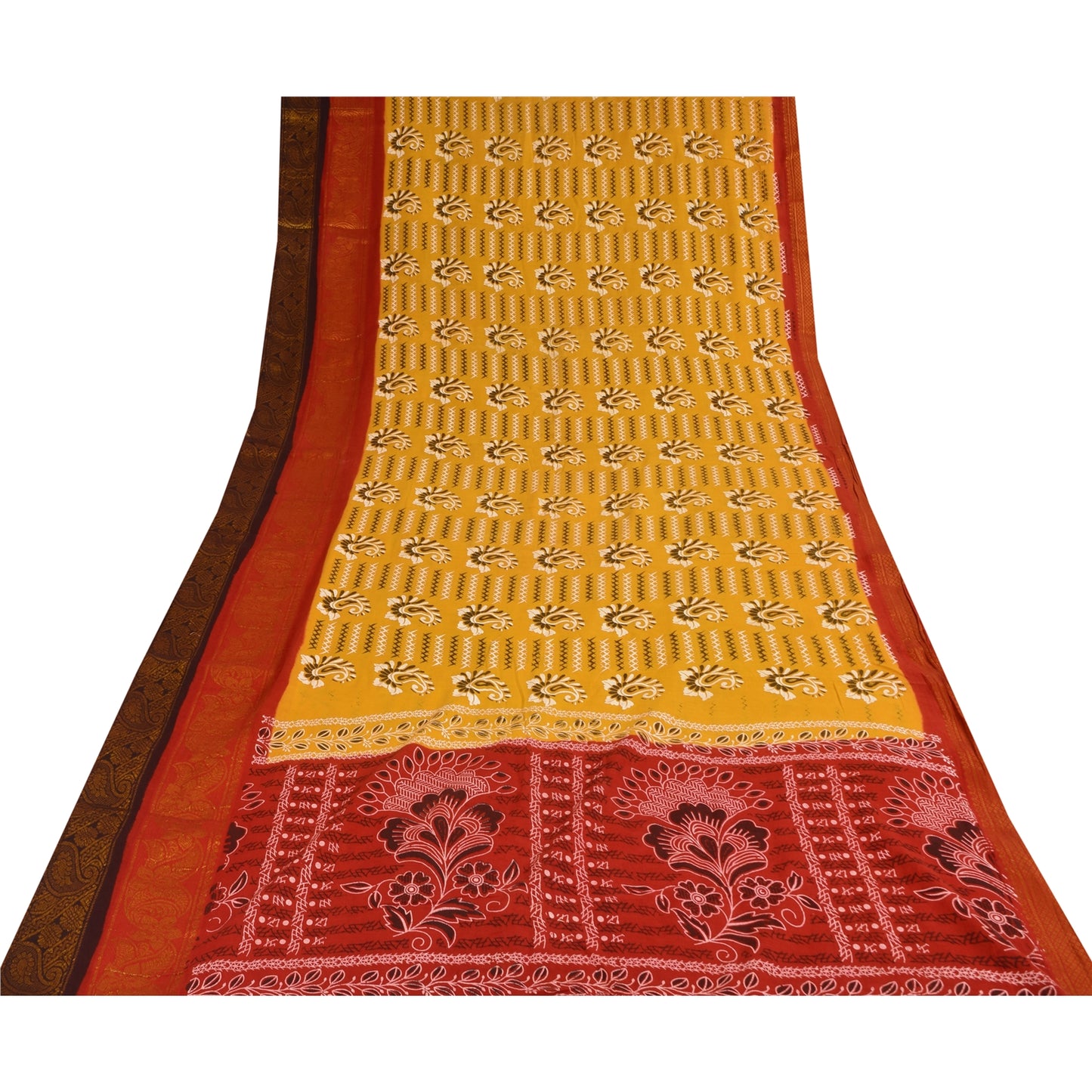 Санскритские винтажные сари желтое/красное чистое хлопковое набивное сари 5+ ярдов ткань для рукоделия из экологически чистой ткани