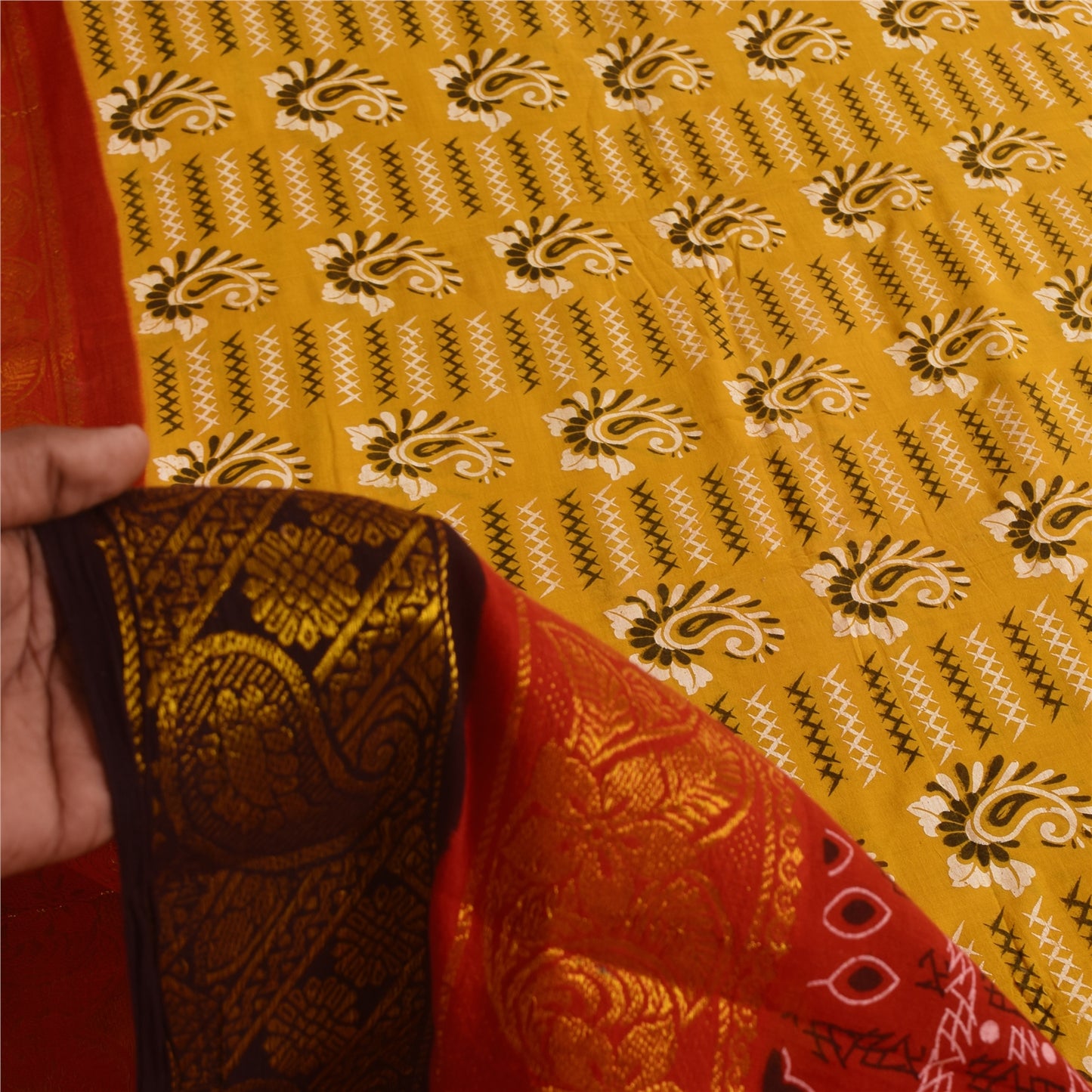 Санскритские винтажные сари желтое/красное чистое хлопковое набивное сари 5+ ярдов ткань для рукоделия из экологически чистой ткани