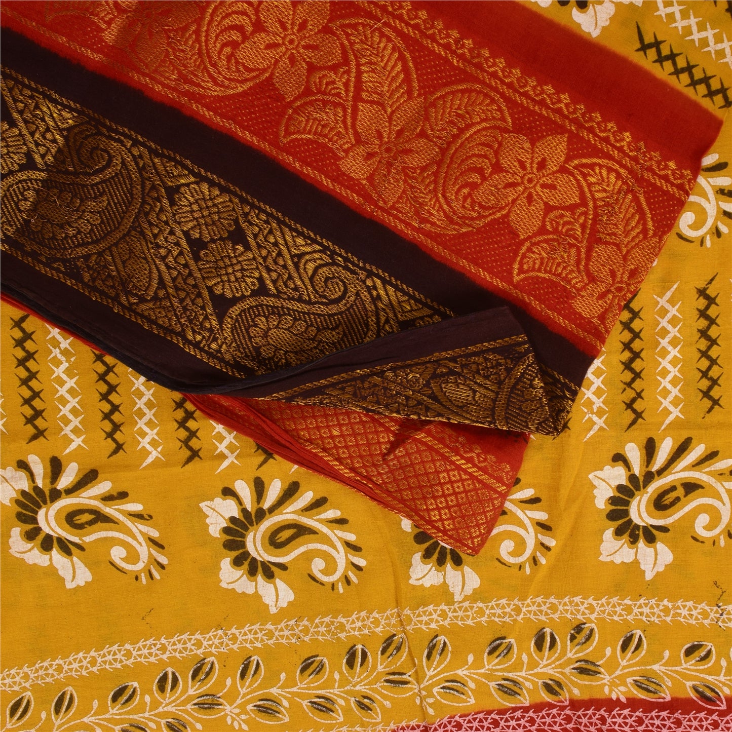 Санскритские винтажные сари желтое/красное чистое хлопковое набивное сари 5+ ярдов ткань для рукоделия из экологически чистой ткани