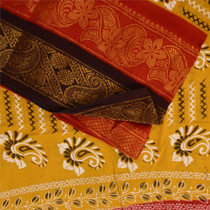 Санскритские винтажные сари желтое/красное чистое хлопковое набивное сари 5+ ярдов ткань для рукоделия из экологически чистой ткани