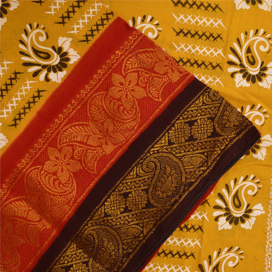 Sanskriti Vintage Sarees Yellow/Red Pure Cotton Printed Sari 5+yd Craft Sustainable Fabric