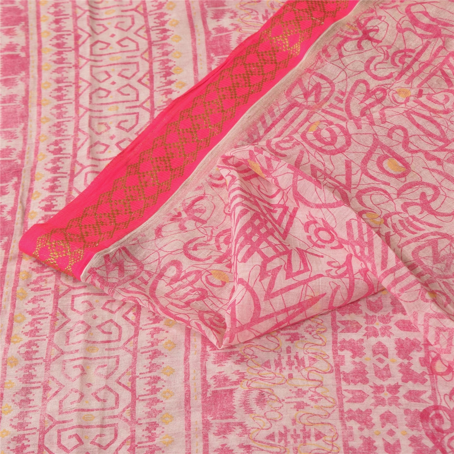Sanskriti Vintage Sarees Pink/White Pure Cotton Printed Sari 5+yd Craft Sustainable Fabric