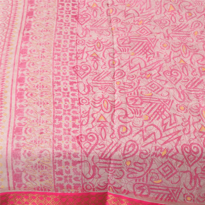 Sanskriti Vintage Sarees Pink/White Pure Cotton Printed Sari 5+yd Craft Sustainable Fabric