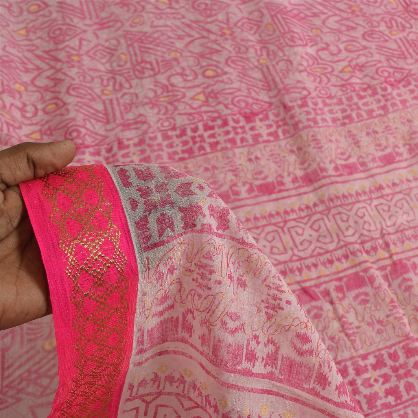 Sanskriti Vintage Sarees Pink/White Pure Cotton Printed Sari 5+yd Craft Sustainable Fabric