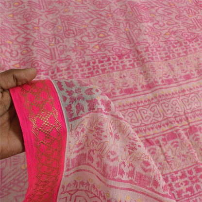 Sanskriti Vintage Sarees Pink/White Pure Cotton Printed Sari 5+yd Craft Sustainable Fabric