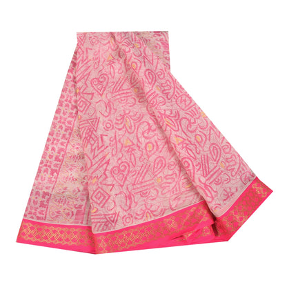 Sanskriti Vintage Sarees Pink/White Pure Cotton Printed Sari 5+yd Craft Sustainable Fabric