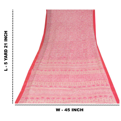 Sanskriti Vintage Sarees Pink/White Pure Cotton Printed Sari 5+yd Craft Sustainable Fabric