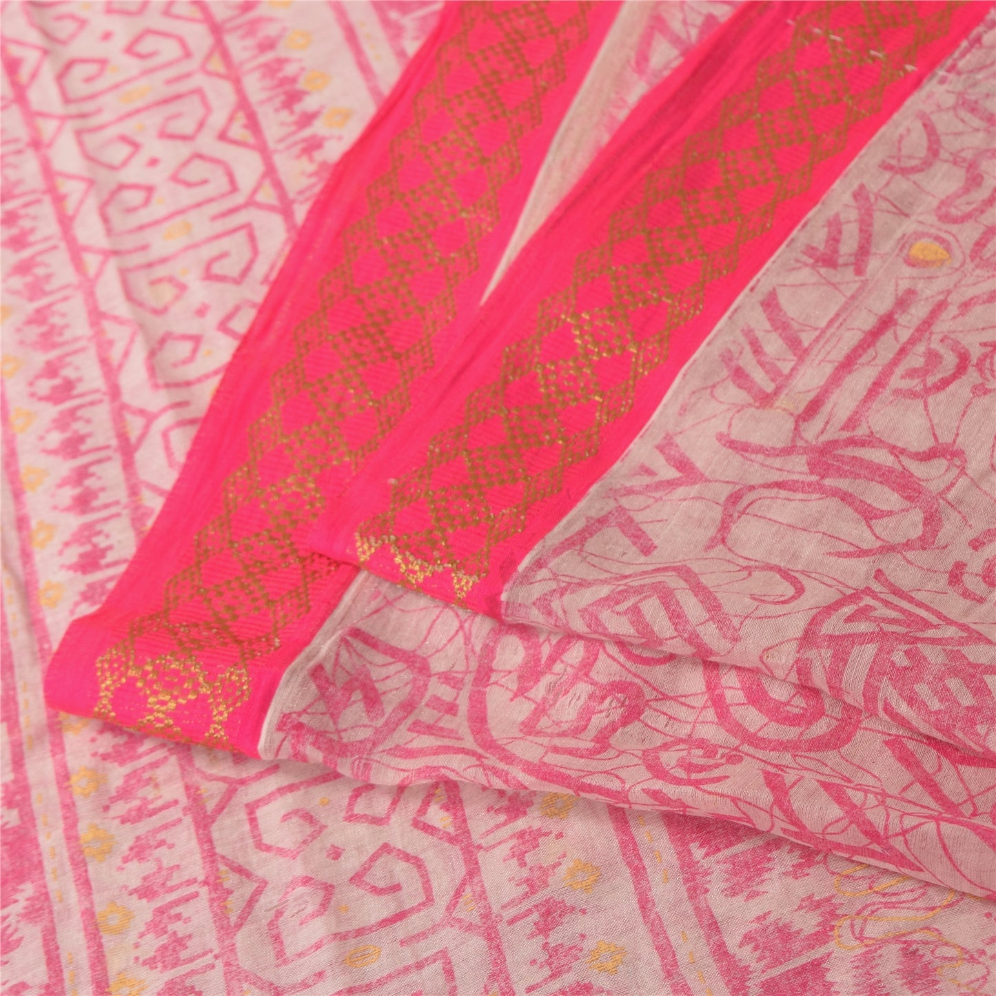 Sanskriti Vintage Sarees Pink/White Pure Cotton Printed Sari 5+yd Craft Sustainable Fabric